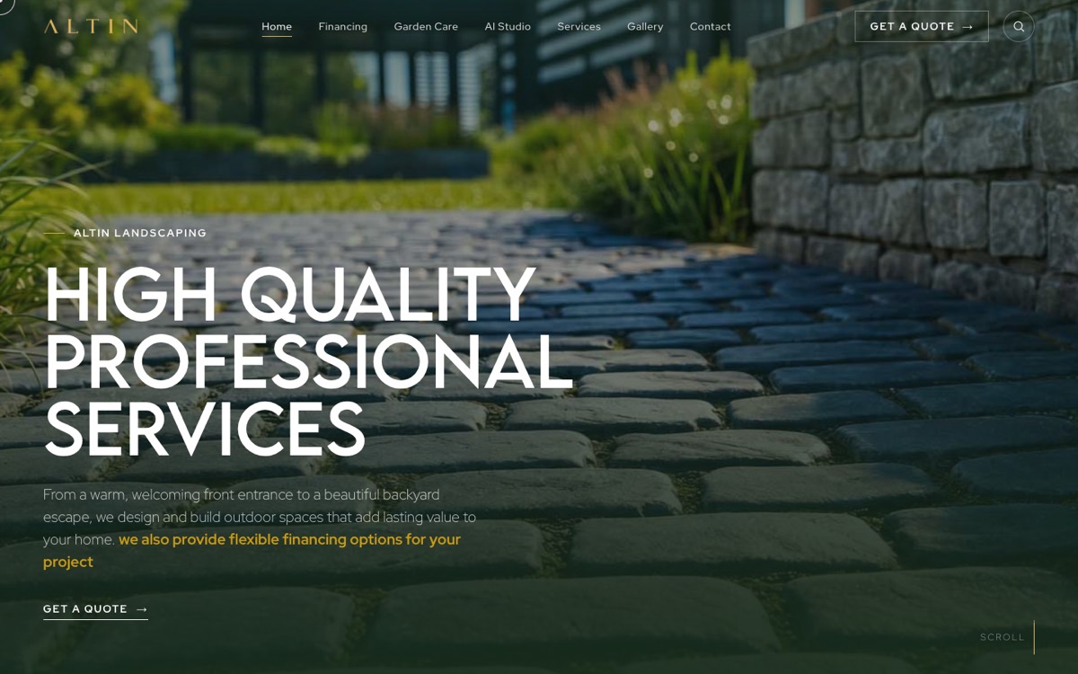 Altin Landscaping homepage, hero section