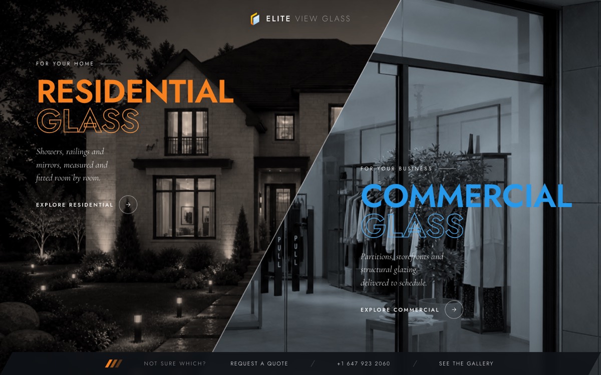 EliteViewGlass homepage, split residential and commercial hero