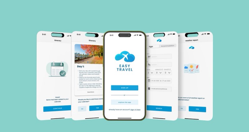 Easy Travel trip-planning app screens on phone